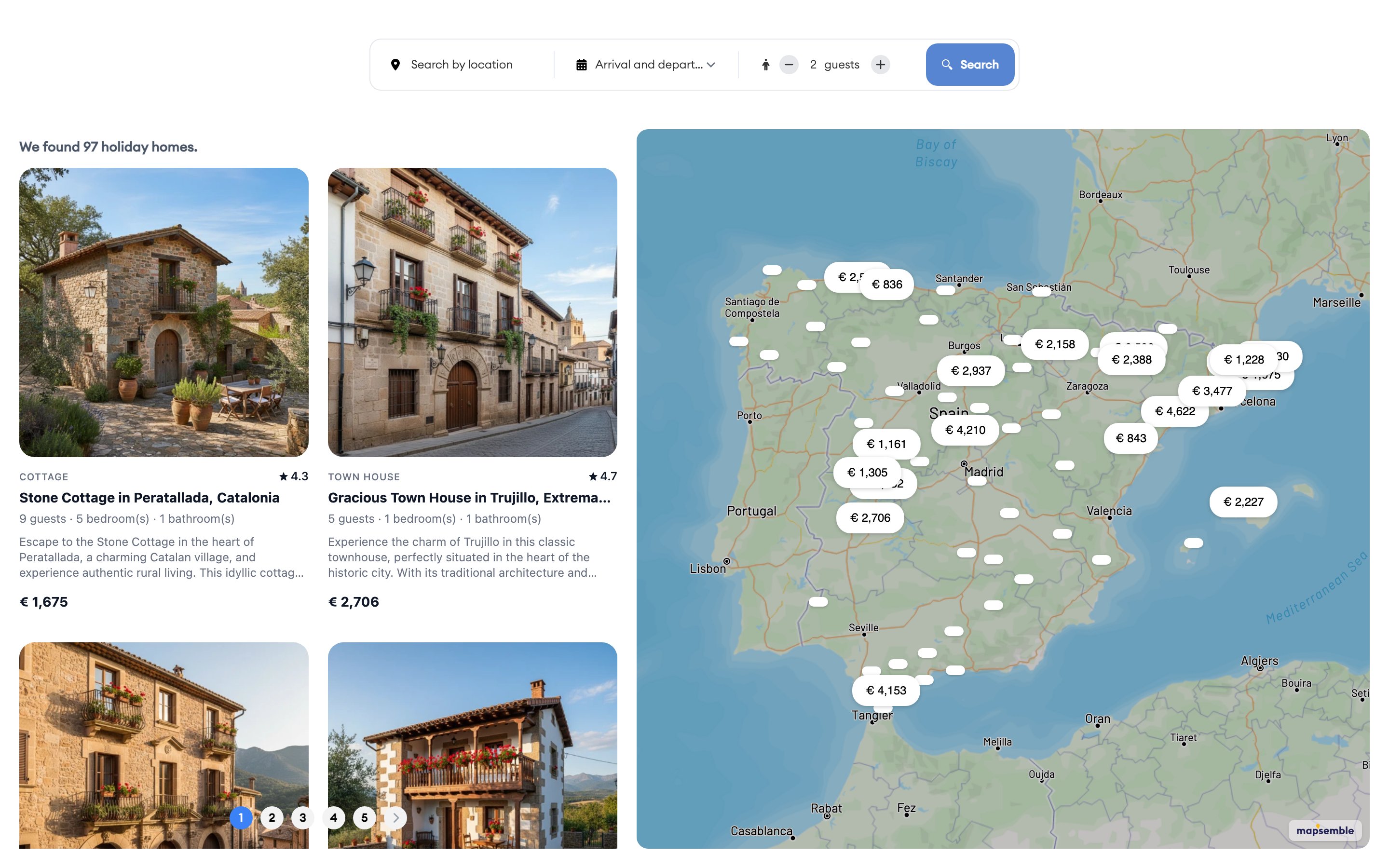 Holiday-homes demo map on desktop: result cards and search bar beside a map of Iberia with price markers