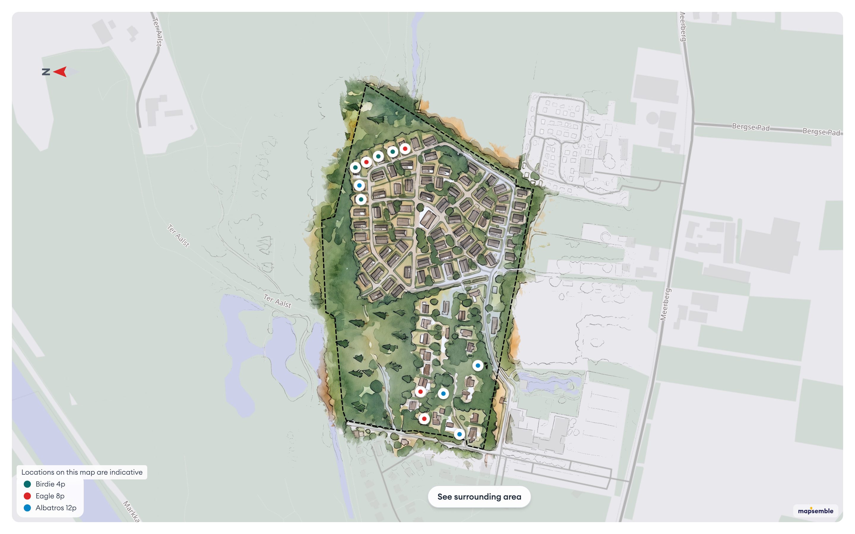 Demo parkkaart op desktop: handgeschilderd terrein met boekbare staanplaats- en lodge-markers en een accommodatielegenda