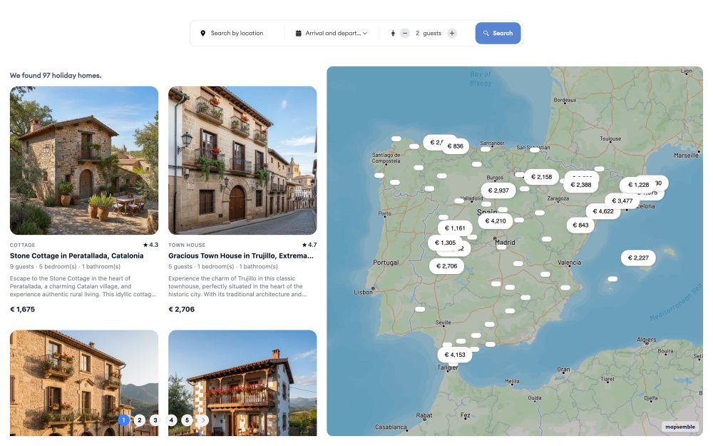 Holiday-homes demo map on desktop: result cards and search bar beside a map of Iberia with price markers