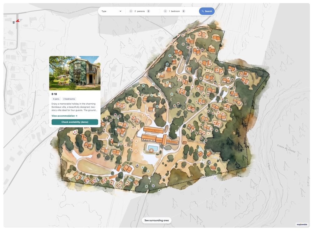 Park map demo on desktop: hand-painted grounds with bookable pitch and lodge markers and an accommodation legend